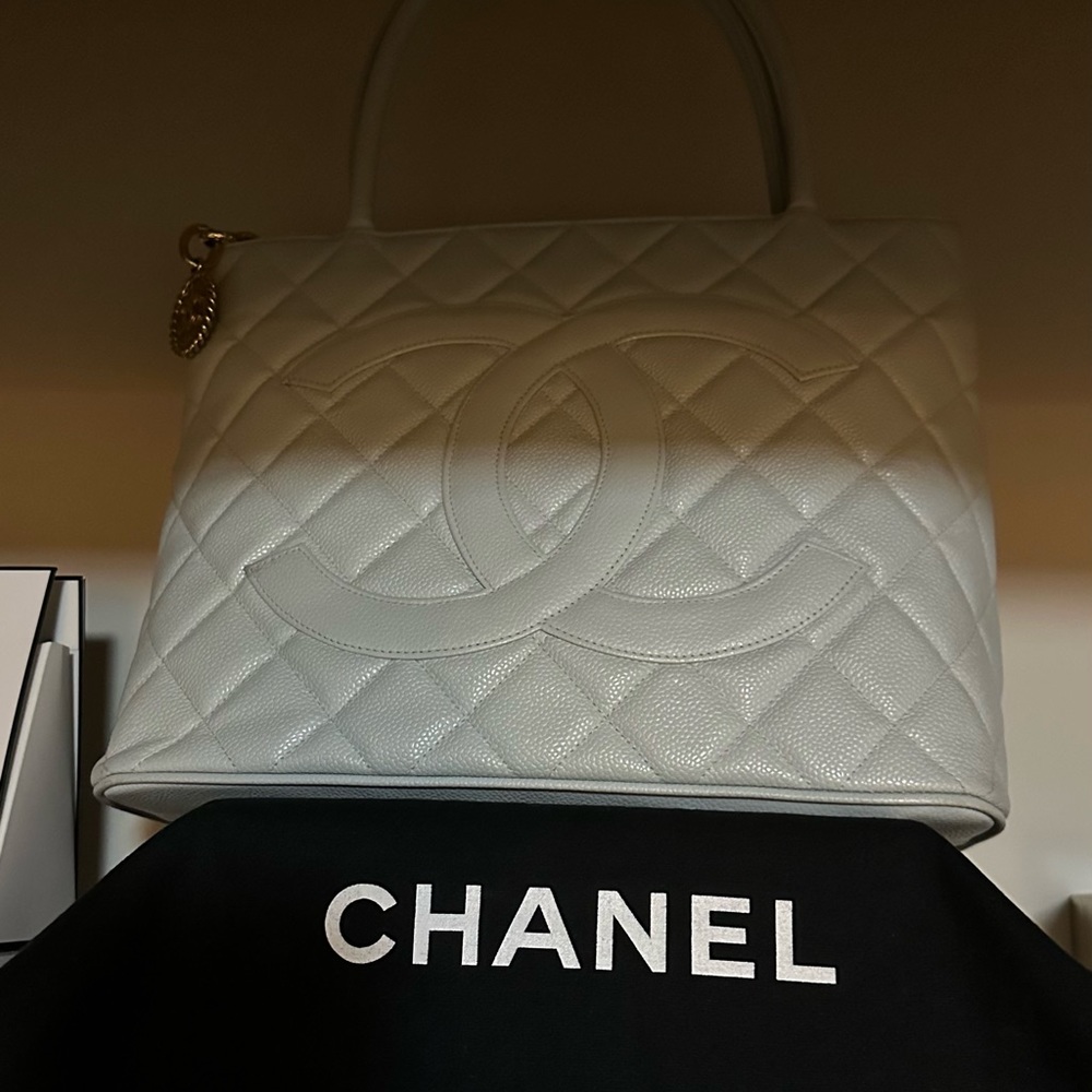 Authentic CHANEL Medallion tote bag. Greyish blue color